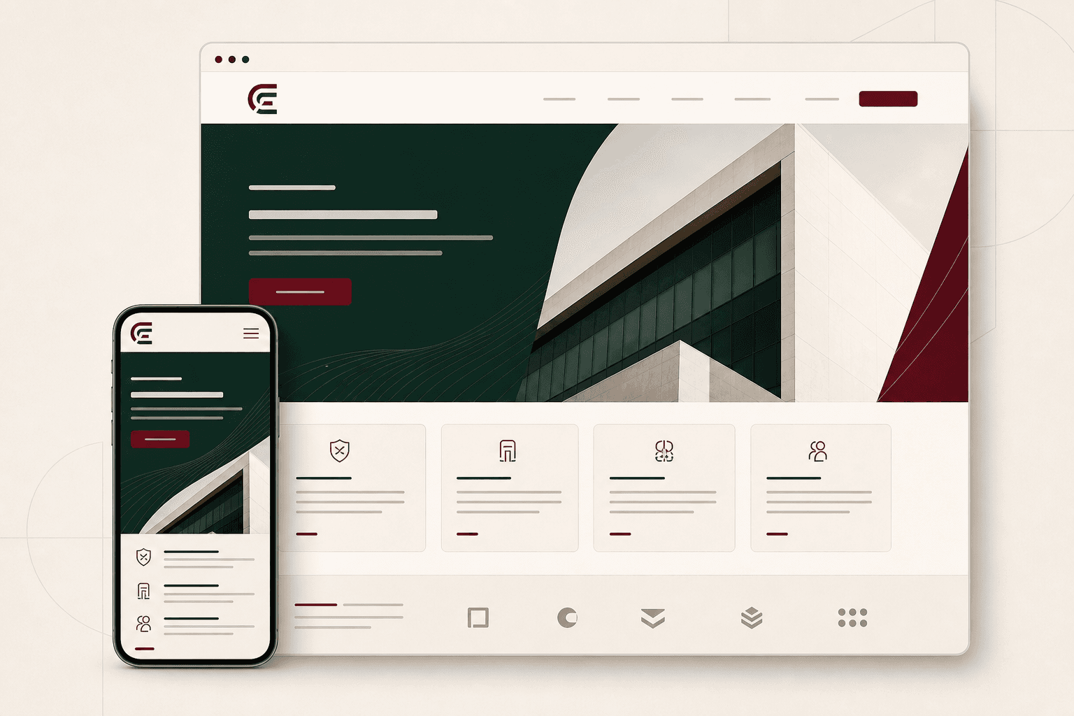 Site institucional responsivo apresentado em desktop e celular